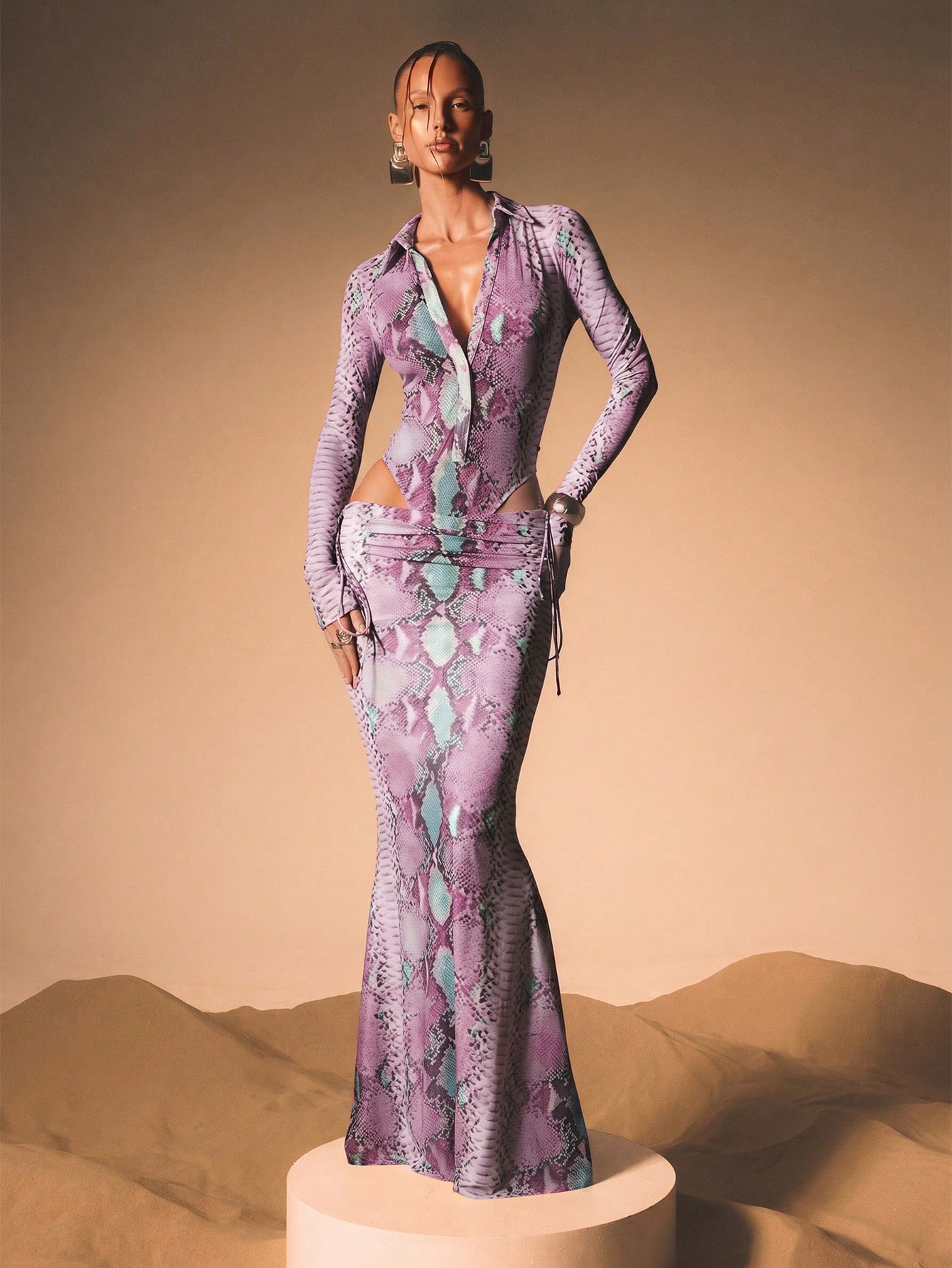 Snake Print Mesh Maxi Skirt With Ties
