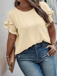EMERY ROSE Plus Size Women Textured Vacation Ruffle Sleeve Round Neck Blouse - Light Yellow - View 4