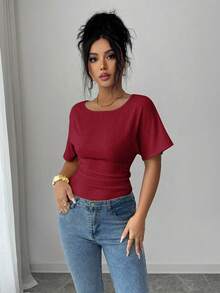 SHEIN Elenzya 女士优雅束腰露背设计T恤，夏季新品 - 酒紅色 - 查看 6
