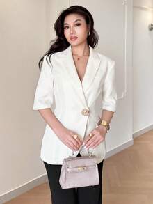 Modelyn 新款复古收腰优雅日常通勤百搭中袖短款西装外套 - 杏色 - 查看 5