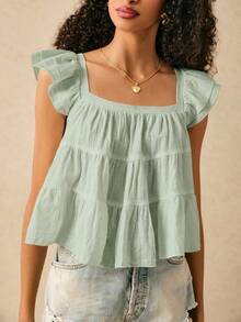 SHEIN Frenchy Women's Solid Color Square Neck Cap Sleeve Casual Shirt,Summer Top - Mint Green - View 5