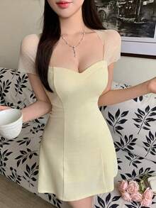 DAZY 春夏女士网纱拼接露背连衣裙，性感收腰A字迷你连衣裙，优雅黄色长裙 - 黃色 - 查看 11