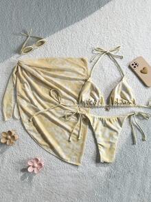 Swim Mod 3pcs/Set Women's Summer Random Print Halter Beach Dress With Tie, Retro Vacation Bikini Set - Multicolor - View 2