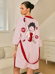 Betty Boop x SHEIN Women's Polka Dot Print 3/4 Sleeve Robe - Red and White - View 3