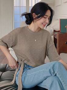 DAZY Women's Textured Vacation Round Neck Tie Front Short Sleeve T-Shirt - Khaki - View 6
