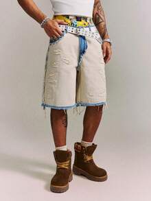 CRAVYNX Manfinity Streetrush Men's Contrast Color Fringe Casual Denim Shorts - Khaki - View 5