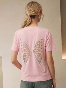 Anewsta Cute & Sexy Butterfly Embroidery Mesh Back Casual & Date T-Shirt For Women, Spring/Summer - Pink - View 4