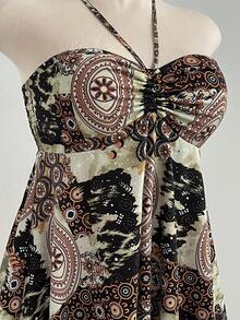 Elamini 2026 Spring/Summer New Y2K Retro Printed Drawstring Tie Asymmetric Hem Mini Dress For Women - Multicolor - View 3