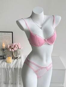 DAZY 2pcs Polka Dot Lace Patchwork Adjustable Spaghetti Strap Lightly Padded Bra And Sheer Panty Set - Baby Pink - View 5