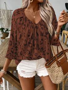 Louniche Women's Leopard Print Bohemian Style V-Neck Ruched Loose Blouse - Brown - View 5