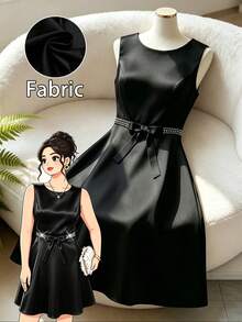 GlowEve CURVE Plus Size Women's Elegant Round Neck Sleeveless Rhinestone Bow Waist A-Line Short Dress,Black Summer Formal Evening Party High Quality Fashion - Black - View 6