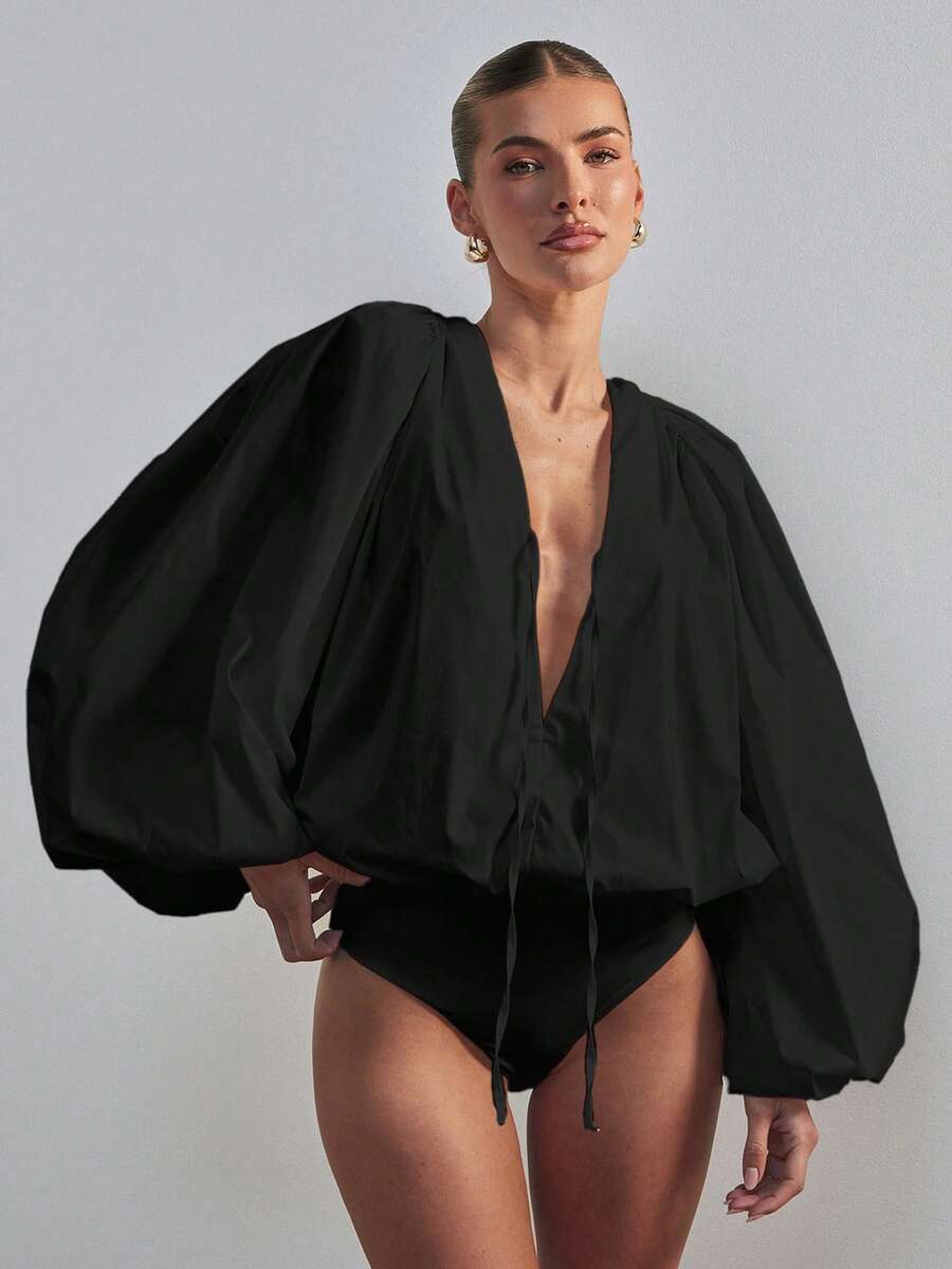 Hauture 女士蓬蓬长袖V领连体衣性感办公服 - 黑色 - 查看 1