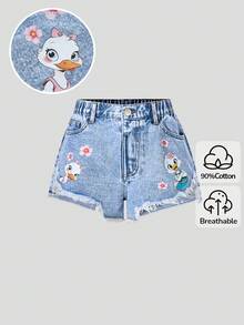 SHEIN 少女水洗鸭纹毛边口袋牛仔短裤 - 淺色水洗藍 - 查看 3