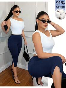 SHEIN SXY Quần lửng ống rộng màu xanh hải quân, chất liệu 97% cotton, xẻ gấu, thích hợp cho mùa hè. - Màu xanh hải quân - Xem 2
