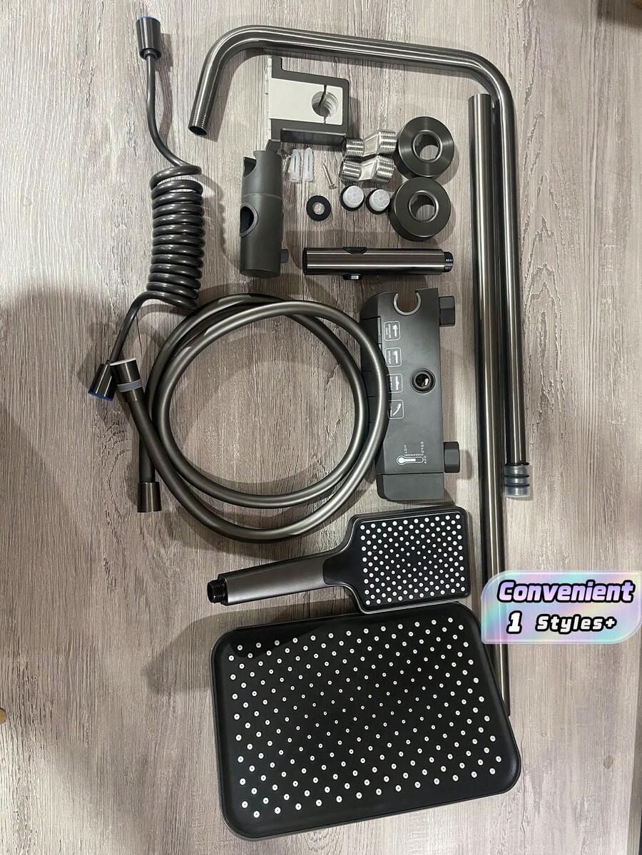 热水淋浴套装,雨淋式花洒 | 钢琴键造型淋浴龙头浴室淋浴混合套装,带雨淋式花洒 - 深灰色 - 查看 1