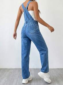 SHEIN ICON 女士休闲水洗星形水钻牛仔背带裤 - 深色水洗藍 - 查看 2
