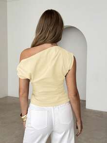 Siren Gaze Women's Solid Color Ruched Waist Asymmetric Shoulder Top - Light Yellow - View 2