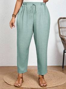 SHEIN Frenchy Quần dài trơn màu, cỡ lớn, kiểu dáng thường ngày, cạp chun và túi chéo. - Màu xanh bạc hà - Xem 3