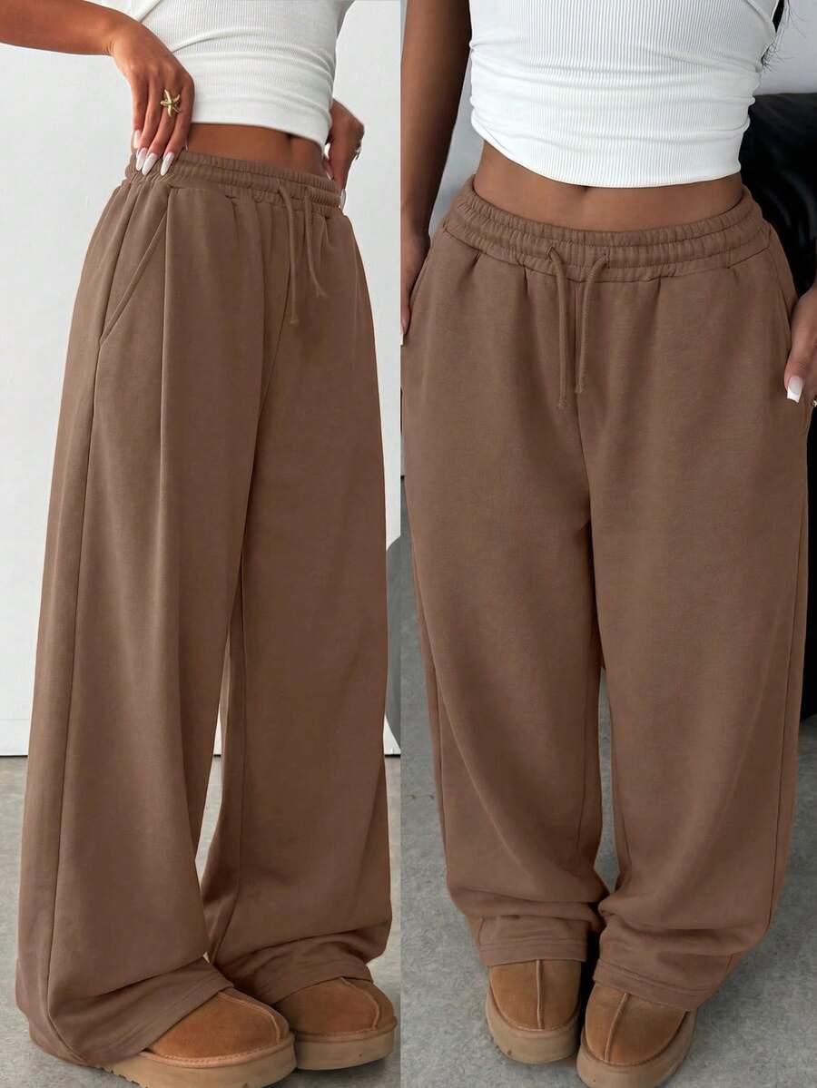 SHEIN Teen Girl Knitted Loose Casual Drawstring Pocket Wide Leg Sweatpants In Light Brown - Brown - View 1