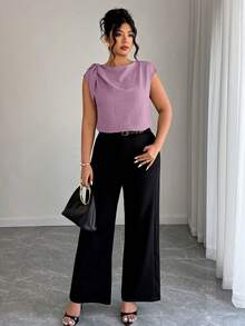 Elenzga Elegant Purple Autumn Sleeveless Linen-Cotton Shirt,Formal Plus-Size Blouse With Shoulder Ties,Stylish Streetwear Office Top For Spring & Summer - Purple - View 3