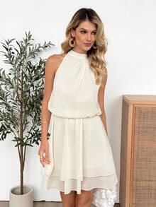 Easowa Vestido mini elegante de unicolor con cuello halter para mujer, de verano - Albaricoque - Ver 6
