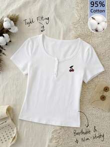 Tseoso 95% Cotton Henley Neck Cute Cherry Embroidered Short Sleeve T-Shirt For Women - Multicolor - View 8