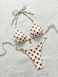 Soleia Women's Retro Polka Dot Contrast Color Print Halter Bikini Set - Multicolor - View 2