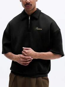 SUMWON Half Zip Polo Shirt With Script Embroidery Short Sleeve Collared Top Oversized Casual Drop Shoulder Relaxed Fit - Black - View 4