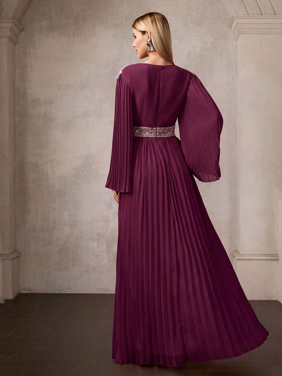 MOTF Soiréza WOMEN'S ELEGANT FORM-FITTING ROUND NECK LONG FLARED SLEEVES MAXI PARTY GOWN – PLEATED CHIFFON DRESS WITH SPARKLY BEAD APPLIQUE EMBELLISHMENTS | PERFECT FOR WEDDINGS, GALAS & HOLIDAY PARTIES,SPRING COCKTAIL DRESSES - Burgundy - View 2