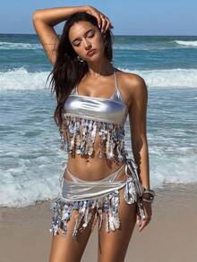 Aloruh Women's 70s Retro Sexy Silver Sequin Patchwork Outfit,Glamorous Shiny Music Festival Party Night Club Clothing,Gold,Summer Beach Swimwear Cover Up - Silver - View 10