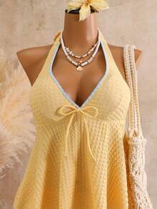 Bellisia V-Neck Halter Tankini Swimwear For Women, Ruffle Skirt Bikini Set, Suitable For Hot Summer Resort Swimming Vacation Orange Casual - Light Yellow - View 4