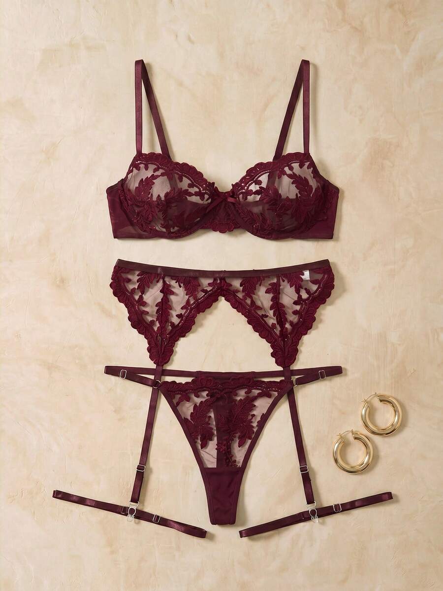 SHEIN 女士花卉刺绣吊带文胸、丁字裤和吊袜带身体饰品内衣套装,性感日常穿着 - 紅木色 - 查看 1