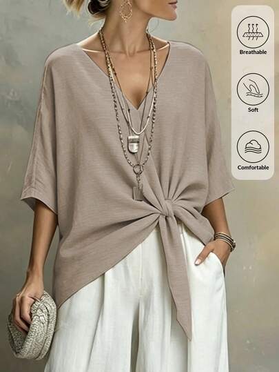 Louniche Women's Casual Linen-Like Solid Color V-Neck Twist Knot Blouse, Spring/Summer