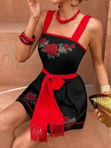 Flora Isola Flora Isola Women's Summer Casual Vacation High Saturation Placement Print Red & Black Spaghetti Strap Square Neck A-Line Short Dress - Black - View 5