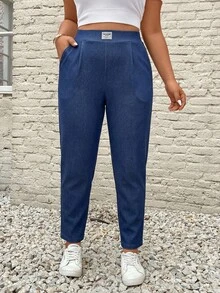 SHEIN PETITE CURVE 大码休闲简约印花口袋裤，适合日常穿着、春季、情人节、毕业典礼、通勤、上学、聚会、休闲和正式场合。 - 藍色 - 查看 7