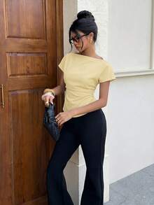 Siren Gaze Women's New Fashion Commuter Style Waist Ruched Asymmetric Hem Short Sleeve Pullover Blouse, Elegant Ladies Shirt Ruched Waist Top,Summer Top - Light Yellow - View 5
