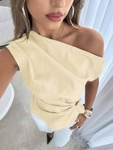 Siren Gaze Women's Solid Color Ruched Waist Asymmetric Shoulder Top - Light Yellow - View 7