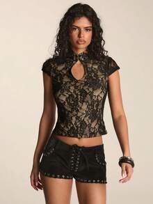SHEIN BAE Women's Sexy Hollow-Out Lace Blouse, Summer - Black - View 6