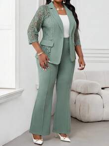 SHEIN Lady 四季白色西装女装外套蕾丝拼接优雅套装秋冬服装优雅女装白色薄荷绿裤子女装纯色金属纽扣装饰优雅九分裤秋季女装大码人造皮草外套 - 薄荷綠 - 查看 3