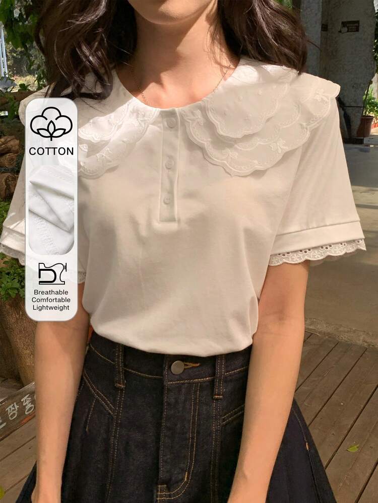 Women's Peter Pan Collar Short Sleeve Lace Patchwork Loose Elegant Casual T-Shirt