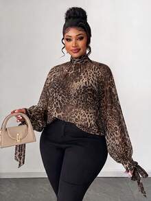 Maweii Plus Size Elegant Sheer Polka Dot Mock Neck Loose Cuffed Bow Tie Cuff Long Sleeve Blouse - Multicolor - View 5