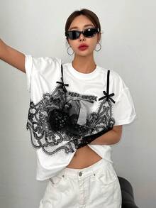 DAZY Women's Summer Loose Casual Slogan Lace Trim Drop-Shoulder T-Shirt, Graphic Tee Festival - White - View 7