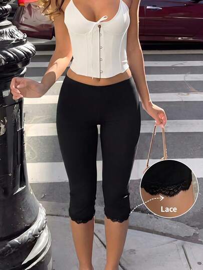 Firerie Women's Elegant Black Lace Patchwork Knit Capri Pants, Versatile For Sports, Fashion, Beach, Music Festival, Casual Summer Outfit