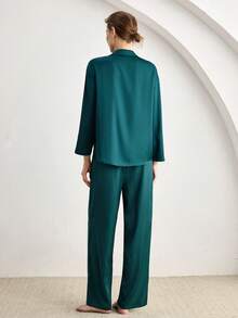 Ocili Satin Smooth Comfortable Loose Long Sleeve & Pants Women Pajama Set - Dark Green - View 3
