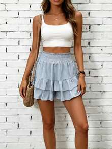SHEIN Holidaya Váy ngắn cạp chun kẻ sọc xanh trắng - Xanh và trắng - Xem 4
