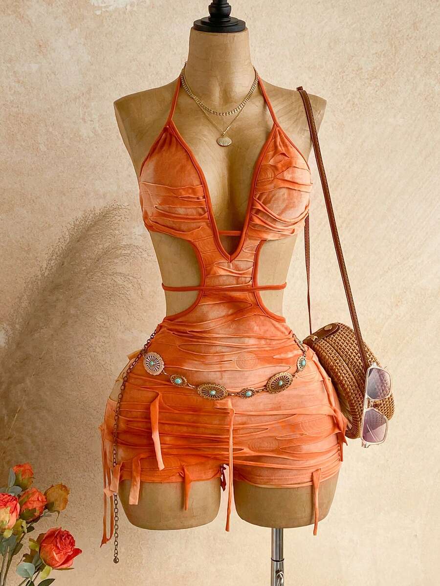 Soleia Mono de mujer con estampado de teñido anudado, corte en la cintura y escote halter sexy para vacaciones - Multicolor - Ver 1