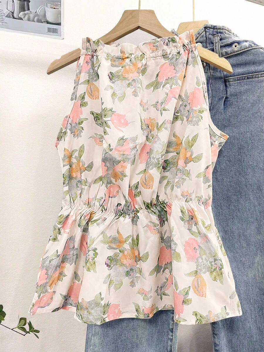INAWLY Women's Allover Floral Print Sleeveless Peplum Hem Top - Pink - View 1