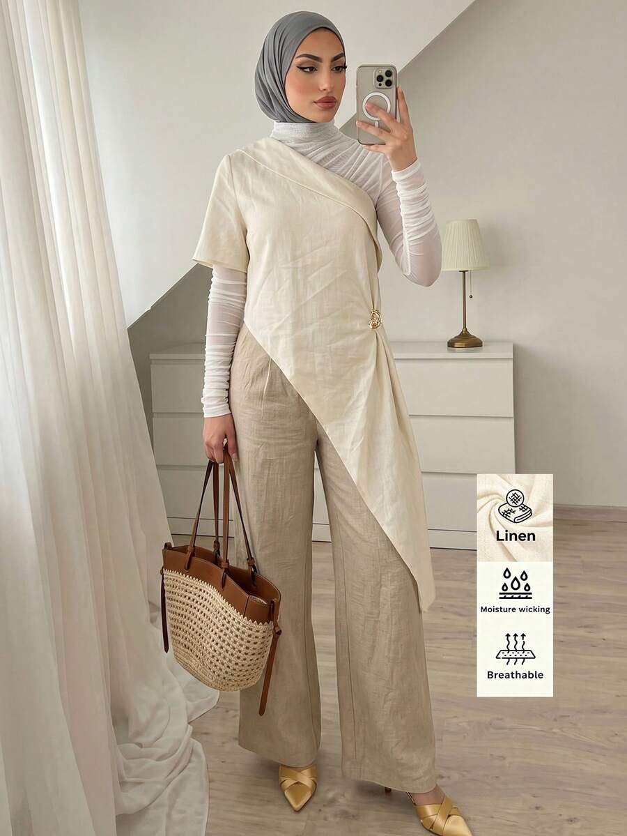 Elenzga Áo kiểu nữ có khóa kim loại trang trí vai - Màu be - Xem 1