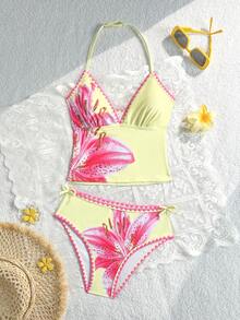Teen Girl & Teen Girls' Yellow Floral Print Spaghetti Strap Tankini Swimwear Set, 2pcs, Colorblock Shell Trim, Beach Holiday, Summer Swimwear - Yellow - View 8