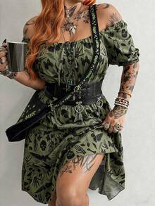 Whyspr Y2K Gothic Butterfly & Skull Print Plus Size Waist Cinched A-Line Ruffle Hem Short Sleeve Dress - Army Green - View 5